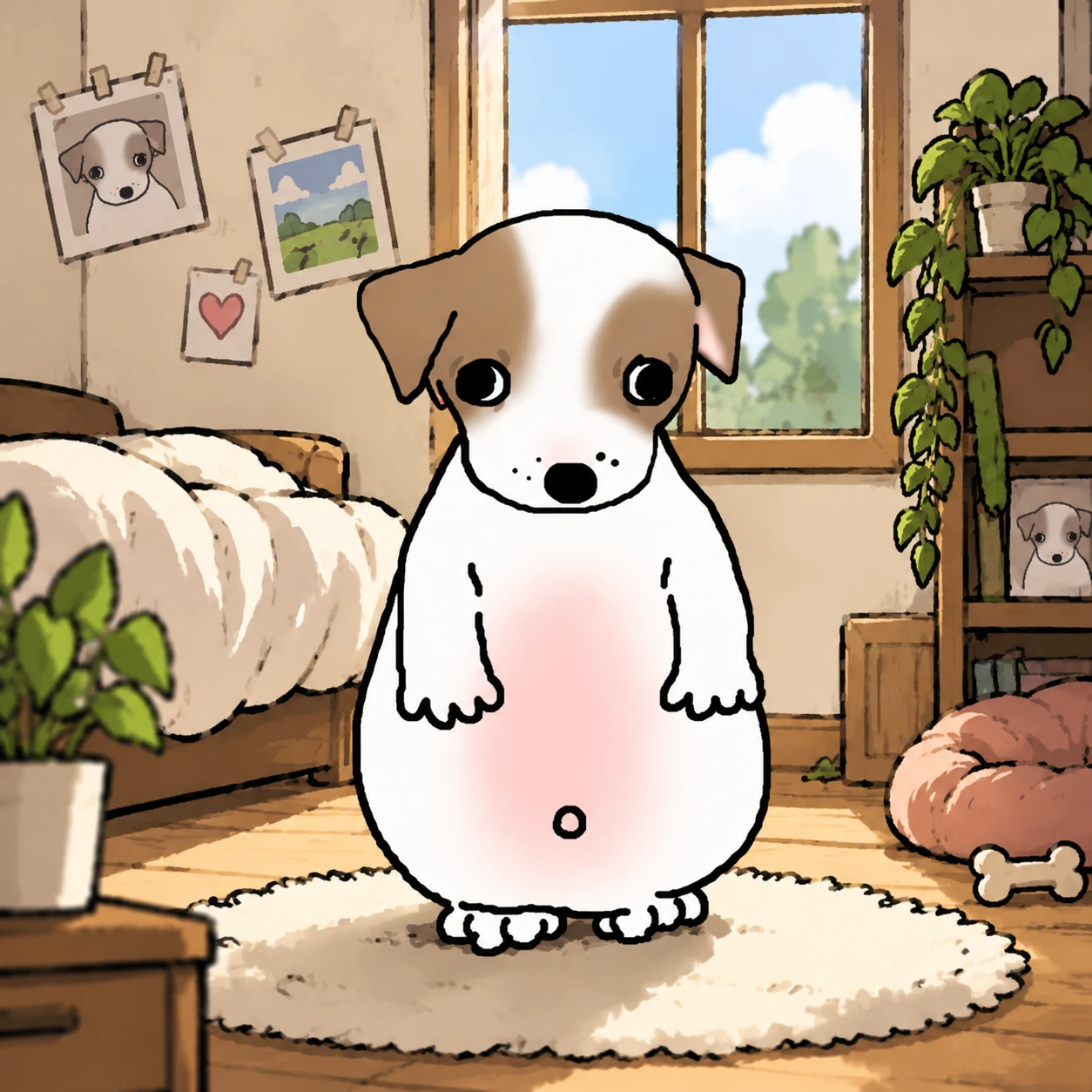 Puddgy proudly showing off his round pink belly